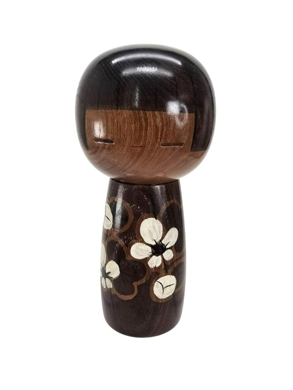 Vintage Japanese Kokeshi Wooden Doll Kato Masami Brown White Floral JE377